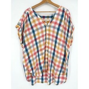 LOFT Women's Plaid V Neck Button Front Shirt Top Blouse XL Multicolored